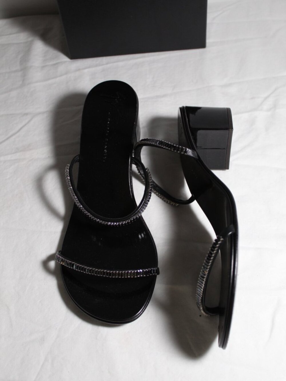 Giuseppe Zanotti Harmony Roll Crystal Galassia Block Heel Sandals Black 39.5